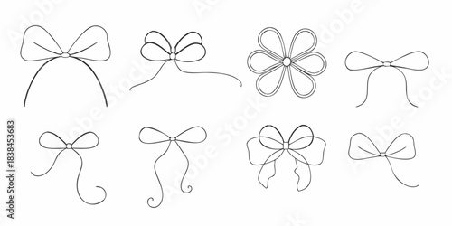 Collection of hand drawn ribbon bows and floral sketches in black and white
