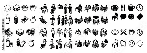 Isometric office lunch scenes collection