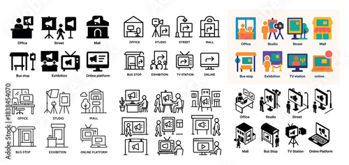 Icon set of media and communication spaces