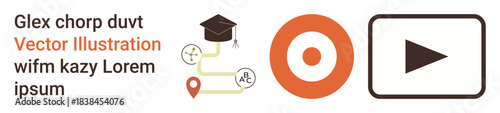 Education, e-learning, online media, career goals, digital learning, technology . Graduation cap with connected lines, a target icon and a play button. Education and e-learning concept