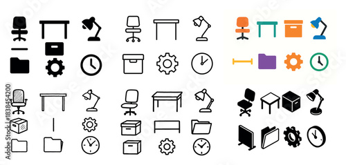 Office icons collection: chairs, desks, clocks