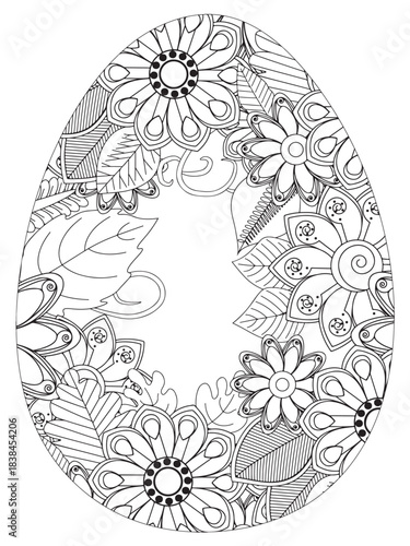 Simple Easter egg illustration decorated with a delicate and clean outline pattern of daisy flowers perfect for coloring pages