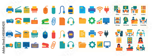 Colorful office equipment icons set