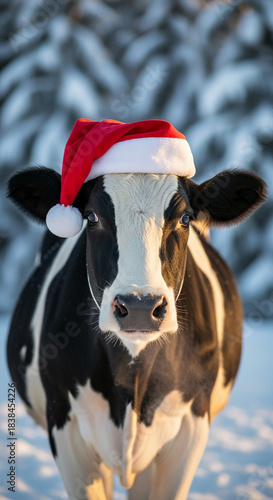 Portrait of black and white cow with red Santa hat, symbolizing festive spirit, winter holiday or animal related seasonal greeting concept