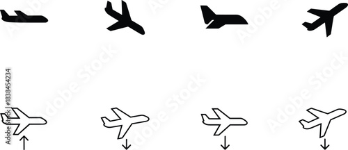 Airplane Icons Set Featuring Flight Directions, Takeoff, Landing, and Aviation Symbols in Minimal Black and White Line Style