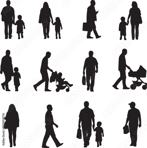 Assortment of Silhouettes Depicting People with Children and Strollers family parent on transparent background