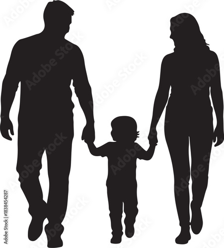 Black Silhouette of a Family Walking Hand in Hand on White Background parents on transparent background