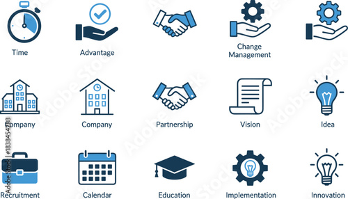 Blue Business and Organization Icons Set Representing Strategy, Innovation, Education, Partnership, and Planning for Presentation and Web Design