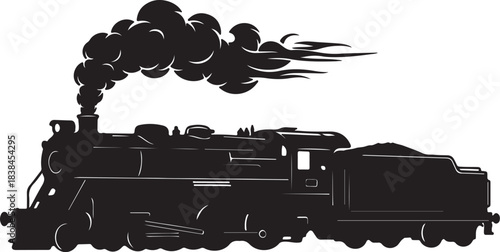 Black Silhouette of a Powerful Steam Train with Dramatic Smoke Trails locomotive engine on transparent background