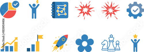 Colorful Business and Strategy Icons Set Representing Growth, Planning, Innovation, Success, Data, and Achievement for Infographics and Presentations