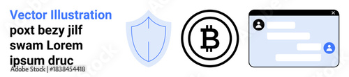Cryptocurrency, cybersecurity, digital communication, financial technology, blockchain, online security. Shield, Bitcoin symbol and chat window on white background. Cryptocurrency and cybersecurity