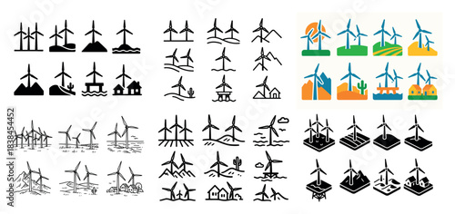 Wind turbine icons collection set