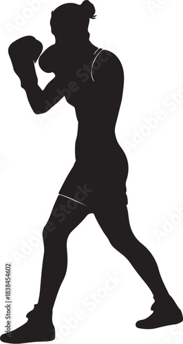 Silhouette of a female boxer in fighting stance with boxing gloves and headgear on white background Keywords: boxer, boxing, female, woman, silhouette, fighting, stance, on transparent background