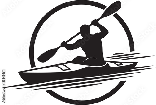 Silhouette of a kayaker paddling within a circular frame kayaking canoe on transparent background