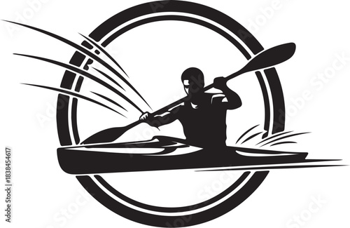 Silhouette of a Kayaker Paddling Vigorously within a Circular Frame kayaking canoe on transparent background
