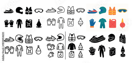 Water sports equipment icons set