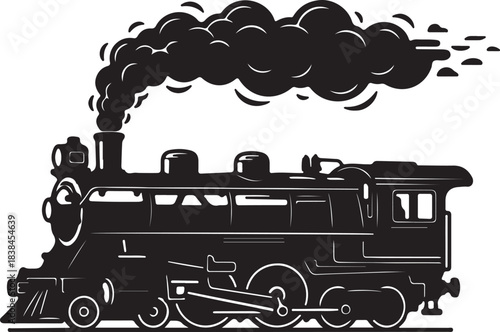 Silhouette of a vintage steam locomotive emitting a large plume of black smoke steam train engine on transparent background