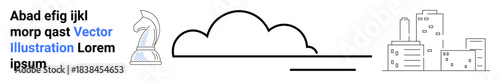 Strategy, innovation, urban development, cloud technology, planning, conceptual thinking. Chess knight, cloud outline and cityscape in minimal style. Strategy and innovation concepts
