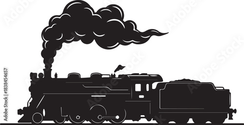Silhouette of a Vintage Steam Locomotive Emitting Plumes of Black Smoke train engine on transparent background