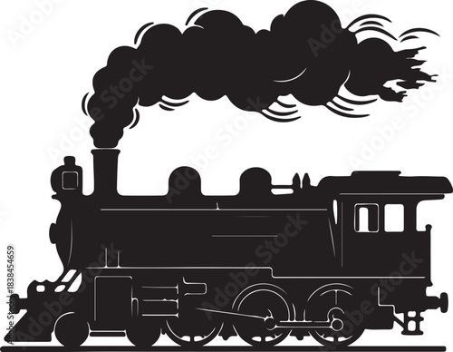 Silhouette of a vintage steam locomotive with billowing smoke steam train engine on transparent background