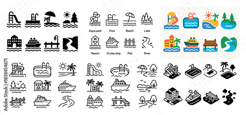 Water adventure icons and symbols