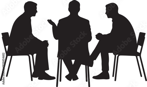 Silhouette of three men in discussion sitting on chairs on white background Keywords: men, discussion, conversation, meeting, silhouette, sitting, chairs, business, on transparent background