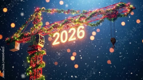 Construction crane decorated with Christmas garland and string lights, illuminated 2026 number, new year building celebration concept.