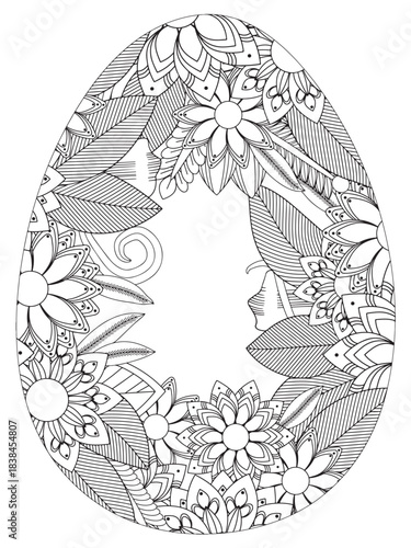 Simple Easter egg illustration decorated with a delicate and clean outline pattern of daisy flowers perfect for coloring pages