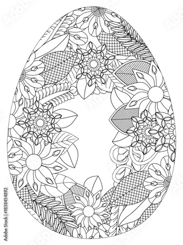 Simple Easter egg illustration decorated with a delicate and clean outline pattern of daisy flowers perfect for coloring pages