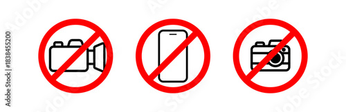 No camera, no phone, no video recording sign set, red prohibition circle symbols for restricted areas - vector editable design