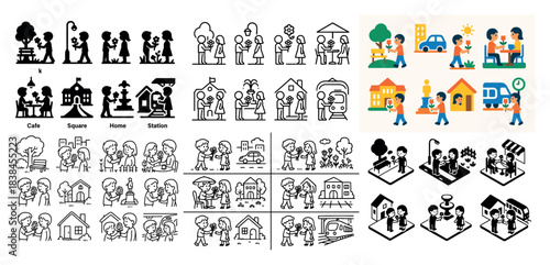 Urban life illustrations black and white