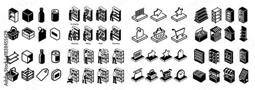 Black and white grocery store icons set