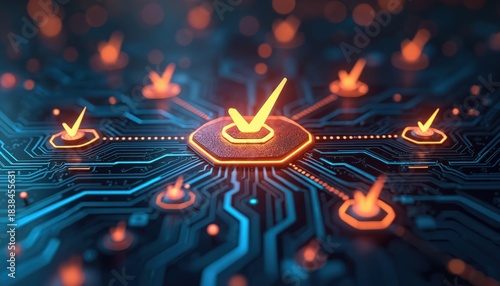 Abstract digital network with glowing check marks confirming system access and security. Futuristic concept of data verification and cyber protection.