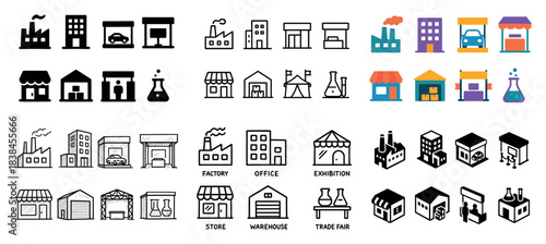 Colorful and monochrome building icons