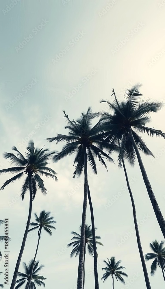Fototapeta premium Tall slender black and white palm trees stretch skyward evoking a lush tropical paradise feel, nature, serene