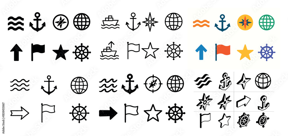 Naklejka premium Nautical icons set: anchors and ships