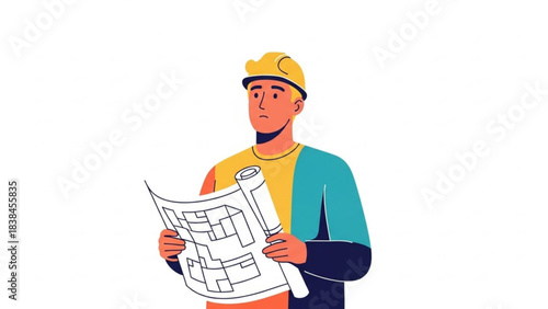 Concerned construction worker in yellow hard hat reviewing architectural blueprints with a worried expression
