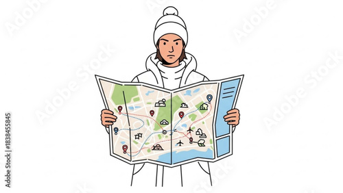 Confused traveler wearing winter hat studies a large folded city map with multiple marked destinations and routes