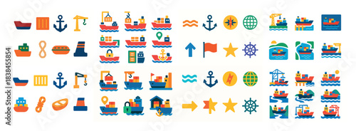 Colorful nautical icon collection set
