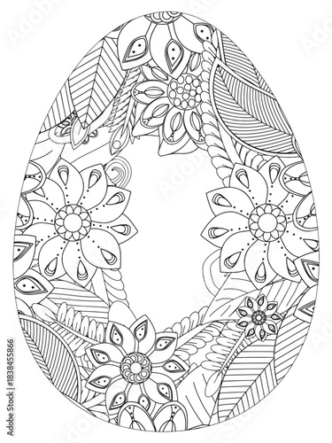 Simple Easter egg illustration decorated with a delicate and clean outline pattern of daisy flowers perfect for coloring pages