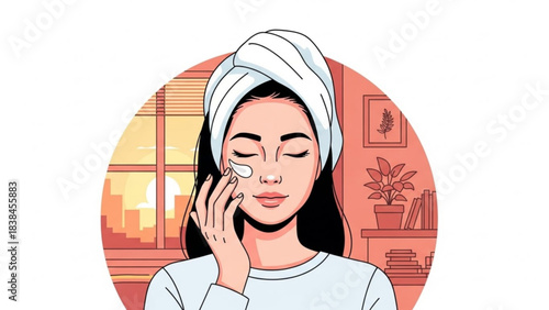 Woman applying facial cream with eyes closed in a cozy room during sunrise or sunset hours