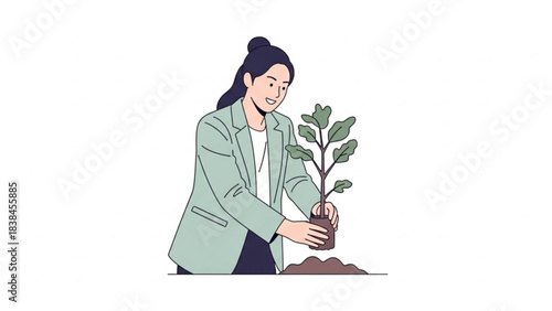 Businesswoman carefully plants a small sapling in the soil symbolizing growth sustainability and environmental care