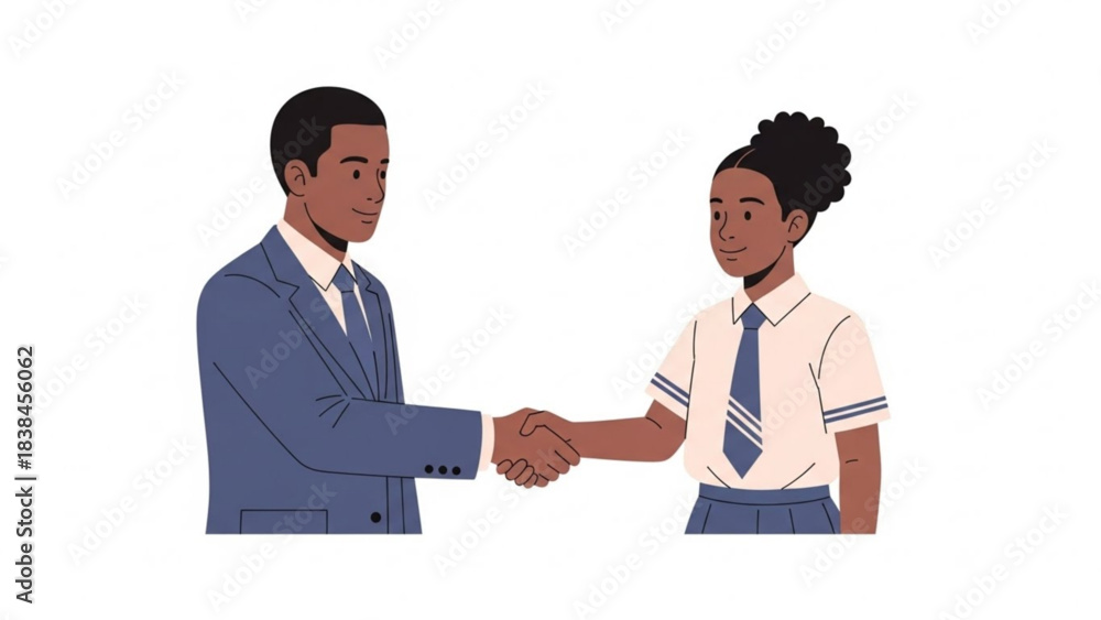 Fototapeta premium Professional businessman shaking hands with a young student in uniform symbolizing mentorship and educational opportunity