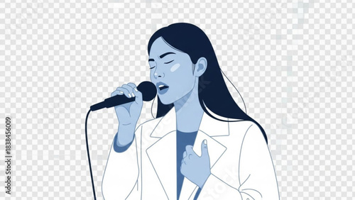 Young female vocalist passionately sings into a microphone with eyes closed in a stylized blue monochrome design