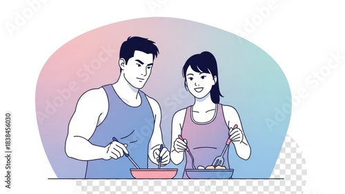 Fit couple in athletic wear preparing healthy food together promoting wellness and active lifestyle goals