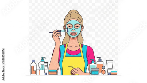 Woman happily applying moisturizing face mask with brush surrounded by various skincare beauty products