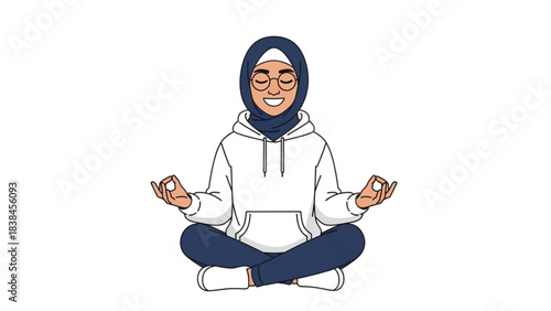 Smiling Muslim woman wearing hijab and glasses meditates peacefully in lotus position seeking calm wellness