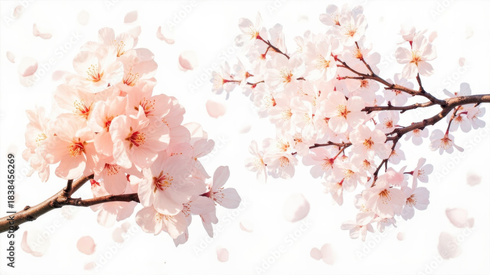 Fototapeta premium Beautiful cherry blossom branches with falling petals against a bright white background