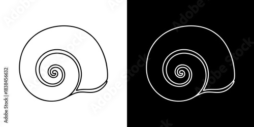 Simple vector illustration of a spiral snail shell on a contrasting black and white background, showcasing natural symmetry and form