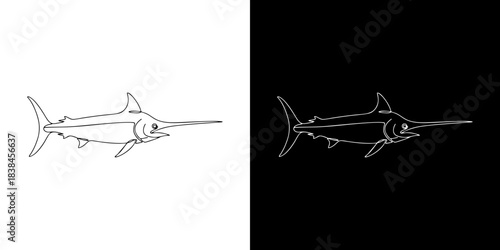 Minimalist line art illustration featuring a majestic marlin, embodying speed and power in a sleek, modern graphic design style suitable for logos or emblems